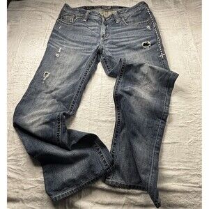 Affliction Jeans Men's 34 Blue Blake Denim Black Premium Thick Stitch Distressed